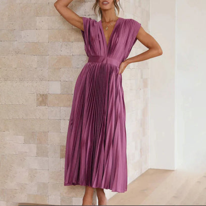 Elegant Pleated Satin Cocktail Dress for Women with V Neck Cap Sleeve Open Back Flowing Maxi Style
