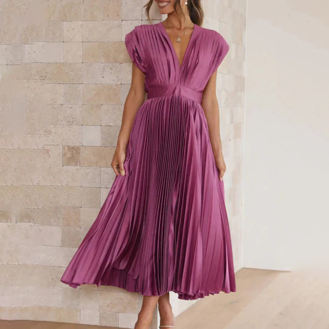 Elegant Pleated Satin Cocktail Dress for Women with V Neck Cap Sleeve Open Back Flowing Maxi Style