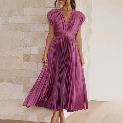 Elegant Pleated Satin Cocktail Dress for Women with V Neck Cap Sleeve Open Back Flowing Maxi Style