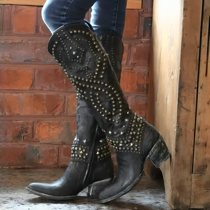 Stylish Studded Knee High Boot for Women with Pointed Toe Block Heel Western Style