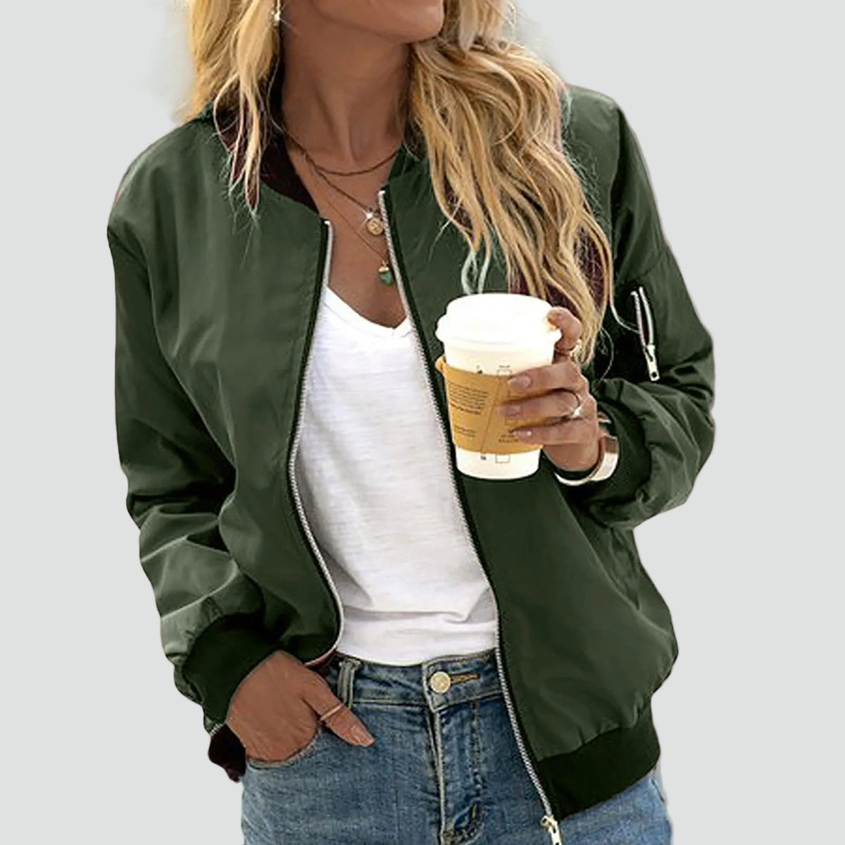 Women's Lightweight Zip Front Pockets Bomber Jacket