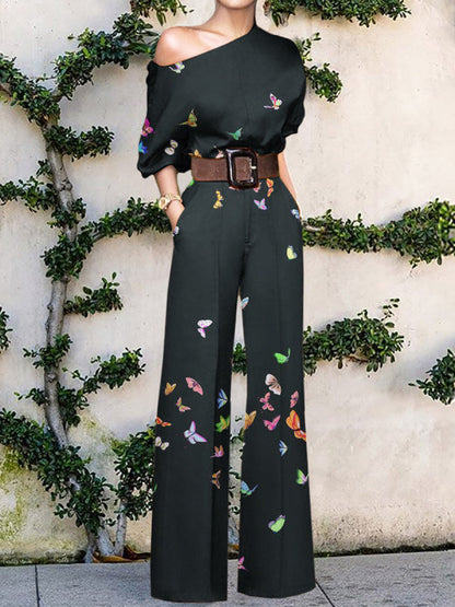 Effortless Printed Wide Leg Jumpsuit for Women with One Shoulder Batwing Sleeve Belted Bohemian Style