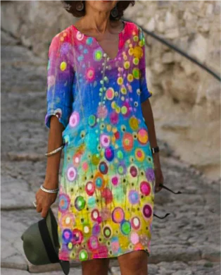 Effortless Linen Midi Dress for Women with V Neck Elbow Sleeve Relaxed Shift Casual Style