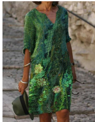 Effortless Linen Midi Dress for Women with V Neck Elbow Sleeve Relaxed Shift Casual Style