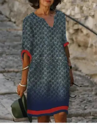 Effortless Linen Midi Dress for Women with V Neck Elbow Sleeve Relaxed Shift Casual Style