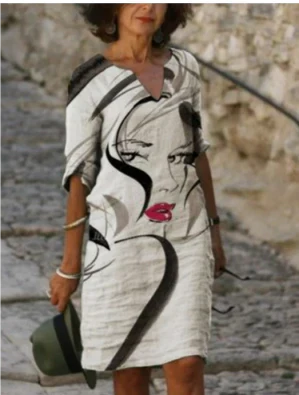 Effortless Linen Midi Dress for Women with V Neck Elbow Sleeve Relaxed Shift Casual Style