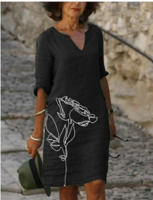 Effortless Linen Midi Dress for Women with V Neck Elbow Sleeve Relaxed Shift Casual Style