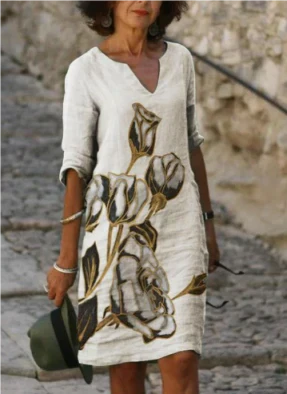 Effortless Linen Midi Dress for Women with V Neck Elbow Sleeve Relaxed Shift Casual Style