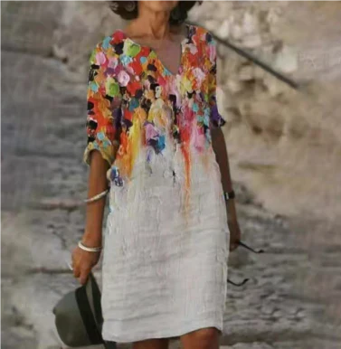 Effortless Linen Midi Dress for Women with V Neck Elbow Sleeve Relaxed Shift Casual Style