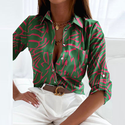 Effortless Abstract Print Blouse for Women with Collar Long Sleeve Button Front Relaxed Style