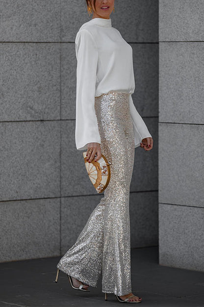 Elegant Sequin Flare Pants for Women with High Waist Sparkle Formal Party Style