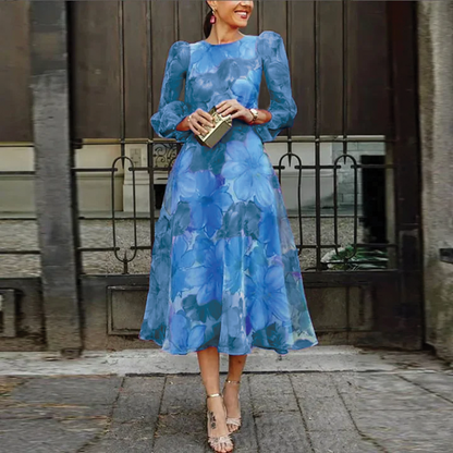 Elegant Watercolor Floral Midi Dress for Women with Round Neck Lantern Sleeve A Line Wedding Guest Style
