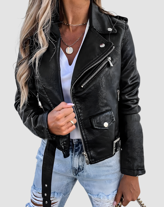 Women's Faux Leather Belted Biker Jacket