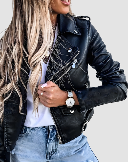 Women's Faux Leather Belted Biker Jacket