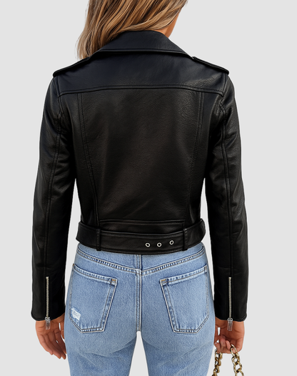 Women's Faux Leather Belted Biker Jacket