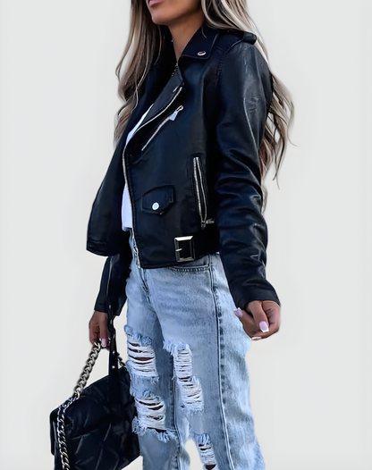 Women's Faux Leather Belted Biker Jacket