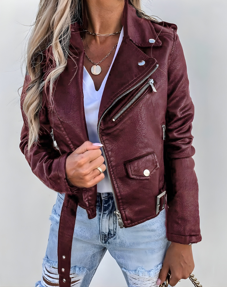 Women's Faux Leather Belted Biker Jacket