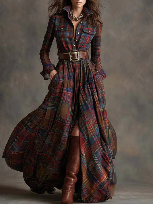 Elegant Plaid Maxi Dress for Women with Collar Long Sleeve Belted Flowing Western Style