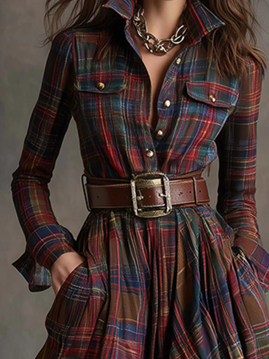 Elegant Plaid Maxi Dress for Women with Collar Long Sleeve Belted Flowing Western Style