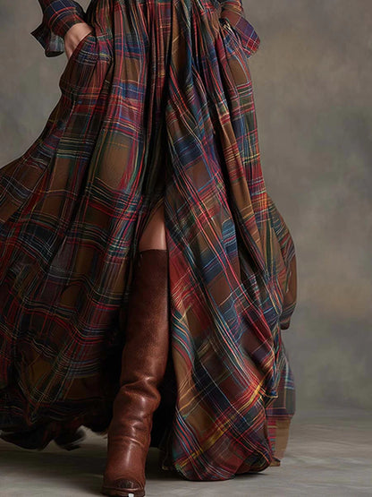 Elegant Plaid Maxi Dress for Women with Collar Long Sleeve Belted Flowing Western Style