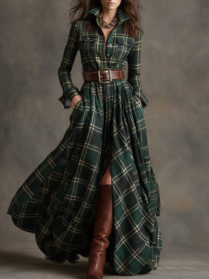 Elegant Plaid Maxi Dress for Women with Collar Long Sleeve Belted Flowing Western Style