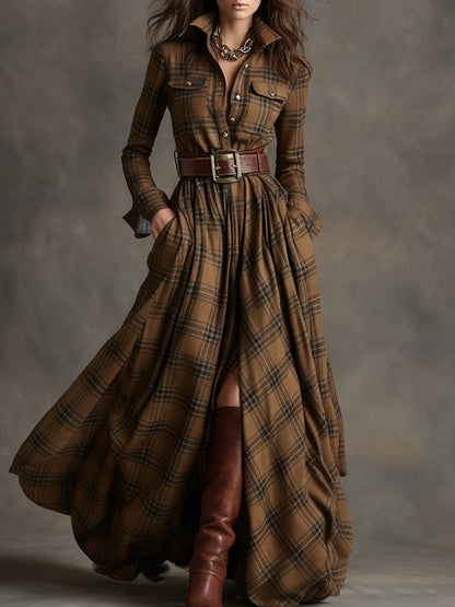 Elegant Plaid Maxi Dress for Women with Collar Long Sleeve Belted Flowing Western Style