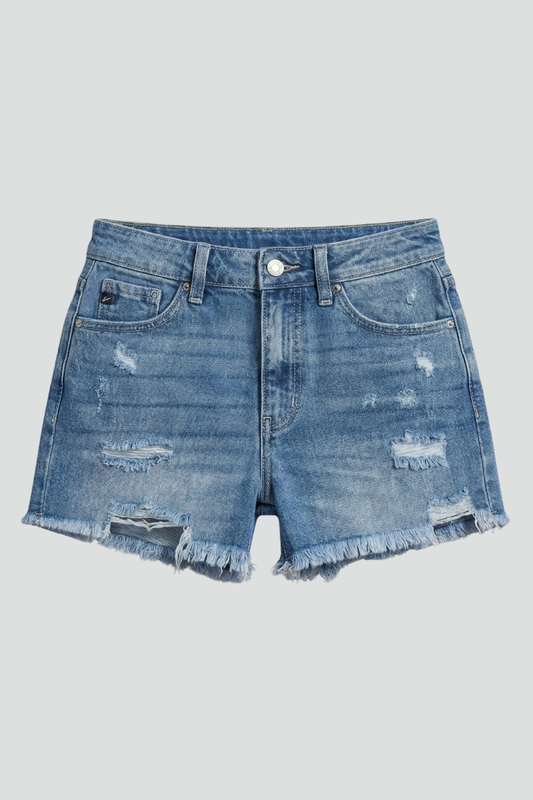 Effortless Blue Denim Shorts for Women with High Waist Frayed Hem Distressed Relaxed Casual Style