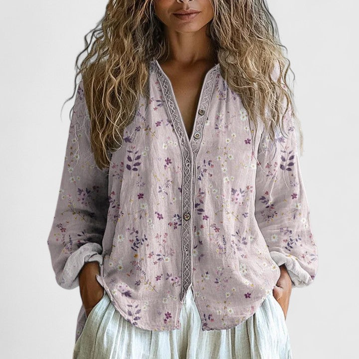 Effortless Floral Linen Blouse for Women with V Neck Long Sleeve Crochet Trim Boho Style