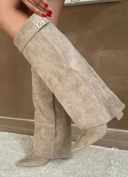 Elegant Tan Suede Knee High Boot for Women with Pointed Toe Fold Over Cuff Wedge Heel Style