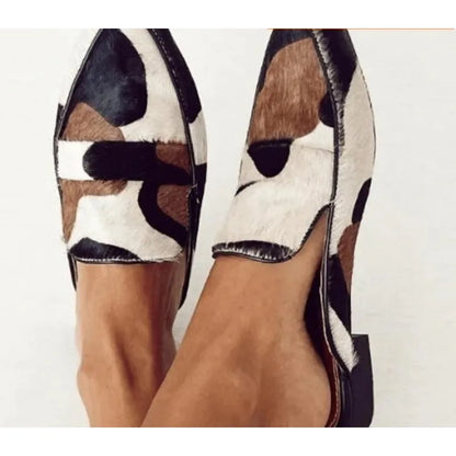 Elegant Cow Print Calf Hair Loafers for Women with Pointed Toe Slip On Block Heel Style
