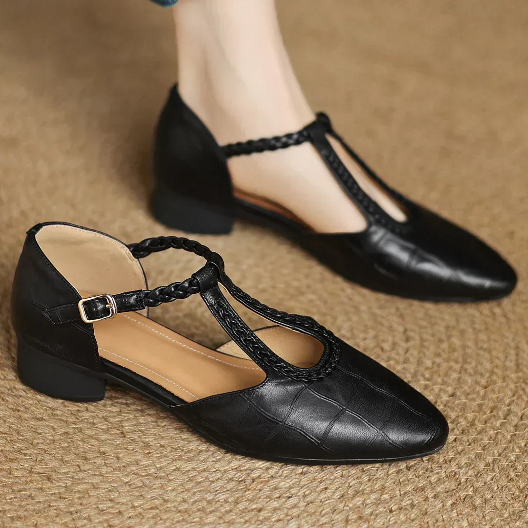 Elegant Croc Print Leather T-Strap Flats for Women with Braided Strap Pointed Toe Block Heel Style
