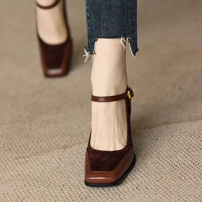 Elegant Suede Leather Mary Jane Pumps for Women with Square Toe Block Heel Ankle Strap Vintage Style