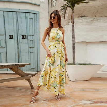 Elegant Floral Maxi Cocktail Dress for Women with Halter Neck Sleeveless Tie Waist Flowing Style