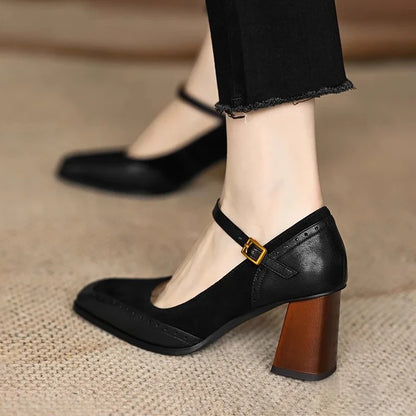 Elegant Suede Leather Mary Jane Pumps for Women with Square Toe Block Heel Ankle Strap Vintage Style