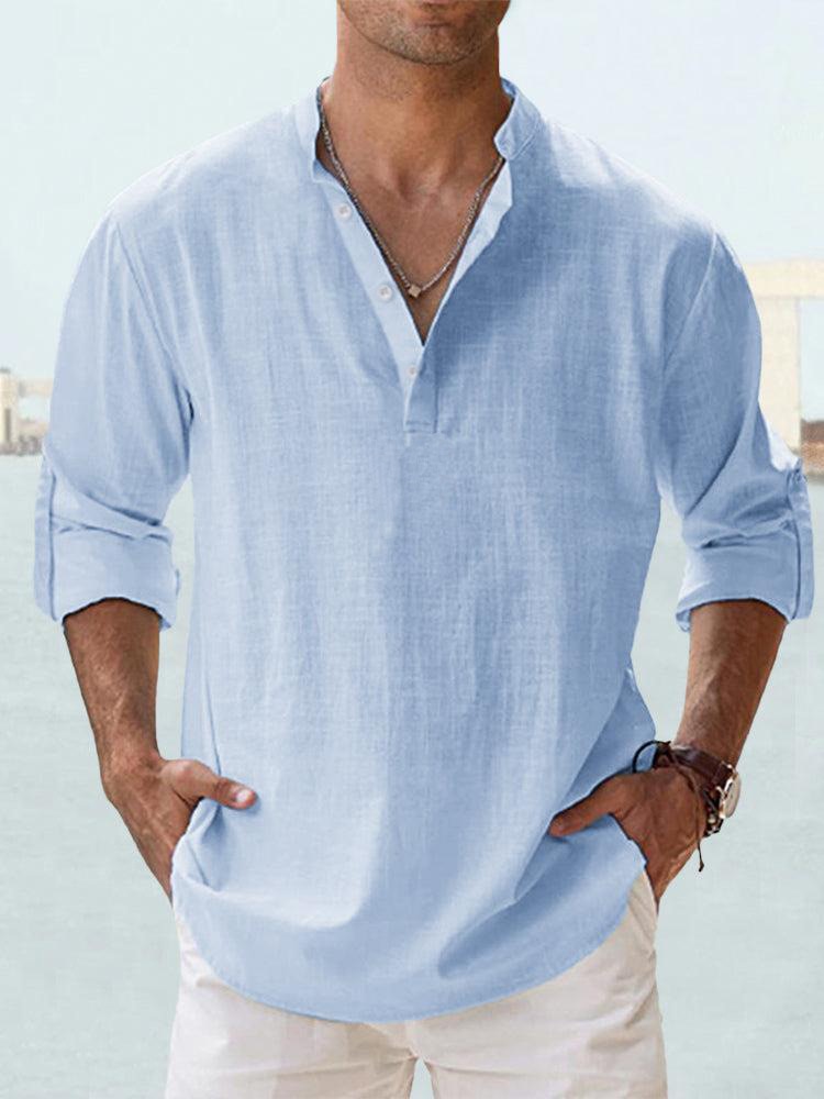 Effortless Linen Shirt for Women with Stand Collar Long Sleeve Button Placket Relaxed Casual Style