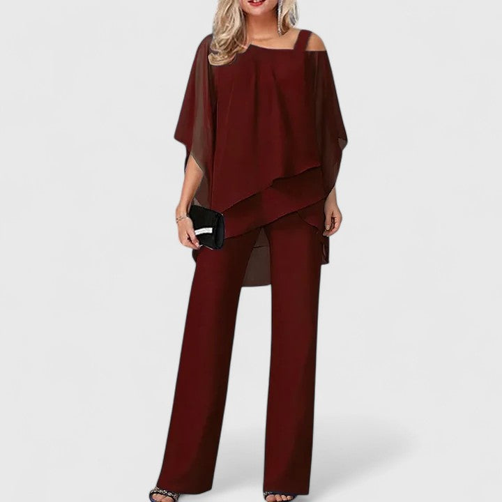 Elegant Chiffon Wide Leg Set for Women with Cold Shoulder Batwing Sleeve Layered Two Piece Style