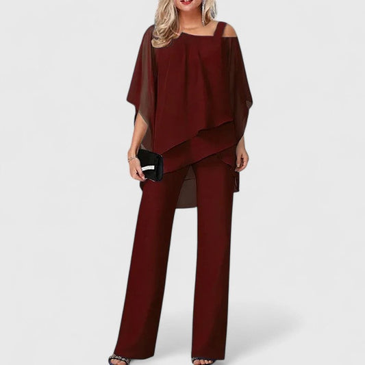 Elegant Chiffon Wide Leg Set for Women with Cold Shoulder Batwing Sleeve Layered Two Piece Style