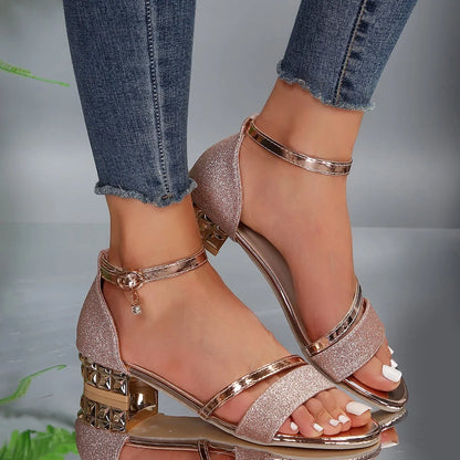 Elegant Glitter Sandal for Women with Ankle Strap Rhinestone Chunky Block Heel Style