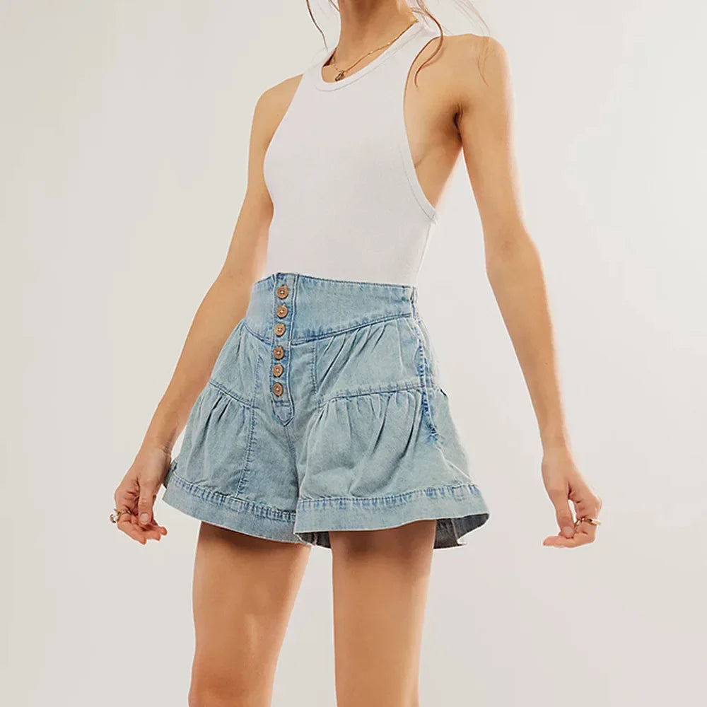 Effortless High Waist Midrise Jeans for Women with Button Front Tiered Ruffle Relaxed Style