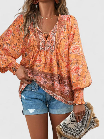 Effortless Floral Blouse for Women with V Neck Balloon Sleeve Smocked Cuff Bohemian Style