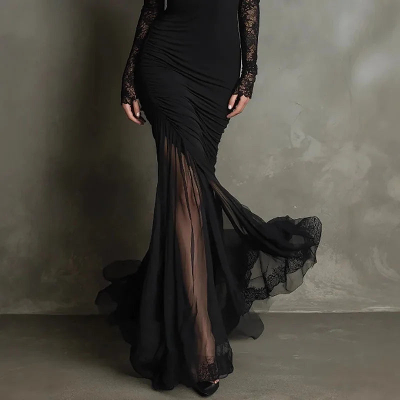 Elegant Black Lace Mermaid Maxi Dress for Women with V Neck Long Sleeve Ruched Mesh Train Formal Wedding Guest Style