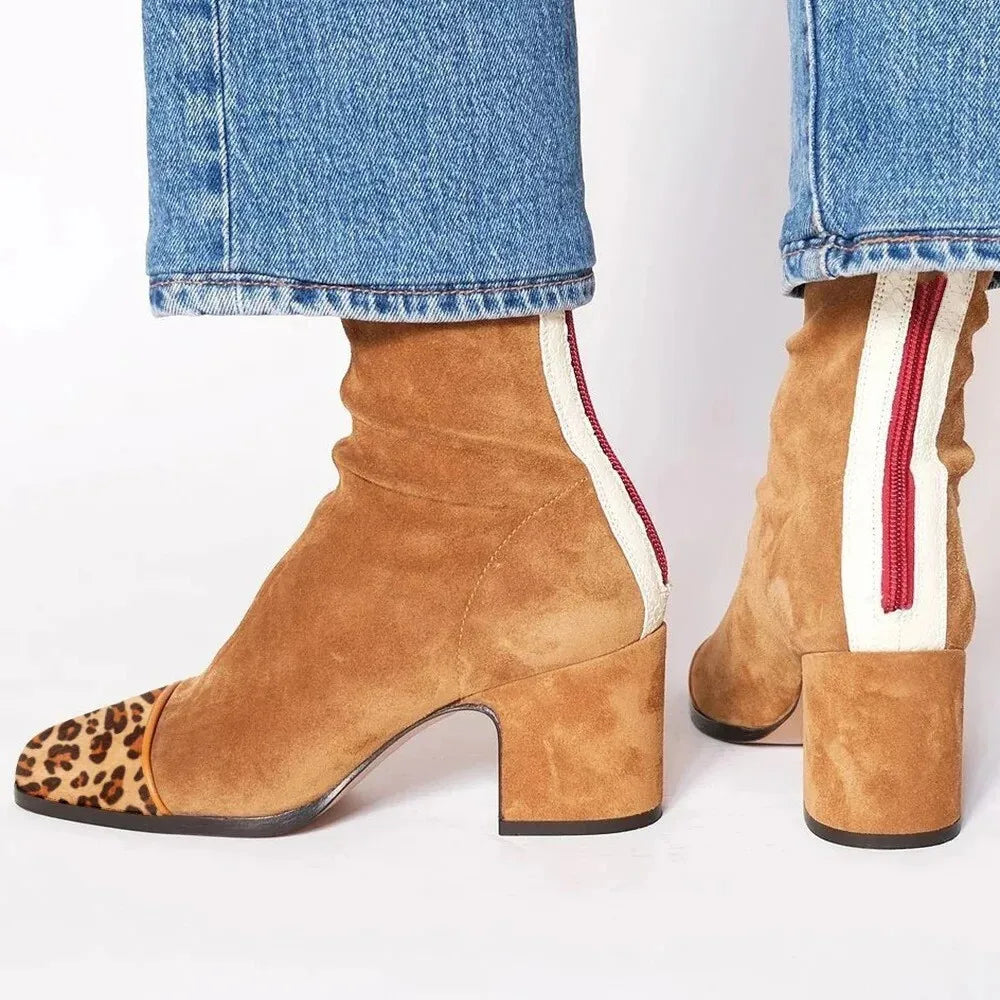 Women's Suede Contrast Cap Toe Heeled Boots
