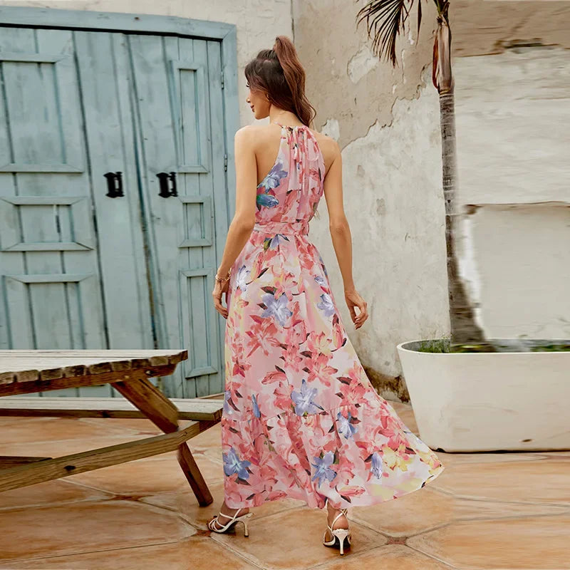 Elegant Floral Maxi Cocktail Dress for Women with Halter Neck Sleeveless Tie Waist Flowing Style