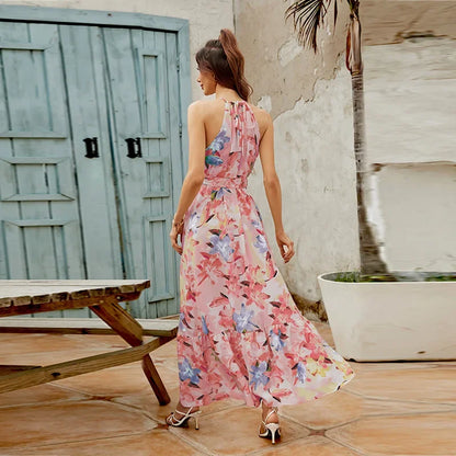 Elegant Floral Maxi Cocktail Dress for Women with Halter Neck Sleeveless Tie Waist Flowing Style