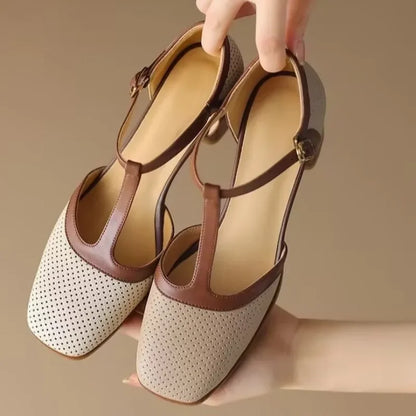 Elegant Perforated Leather Mary Jane Sandals for Women with T-Strap Square Toe Block Heel Vintage Style