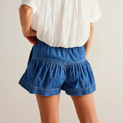 Effortless High Waist Midrise Jeans for Women with Button Front Tiered Ruffle Relaxed Style
