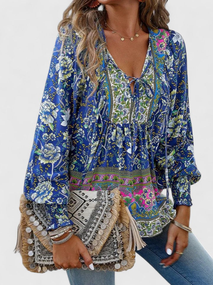 Effortless Floral Blouse for Women with V Neck Balloon Sleeve Smocked Cuff Bohemian Style