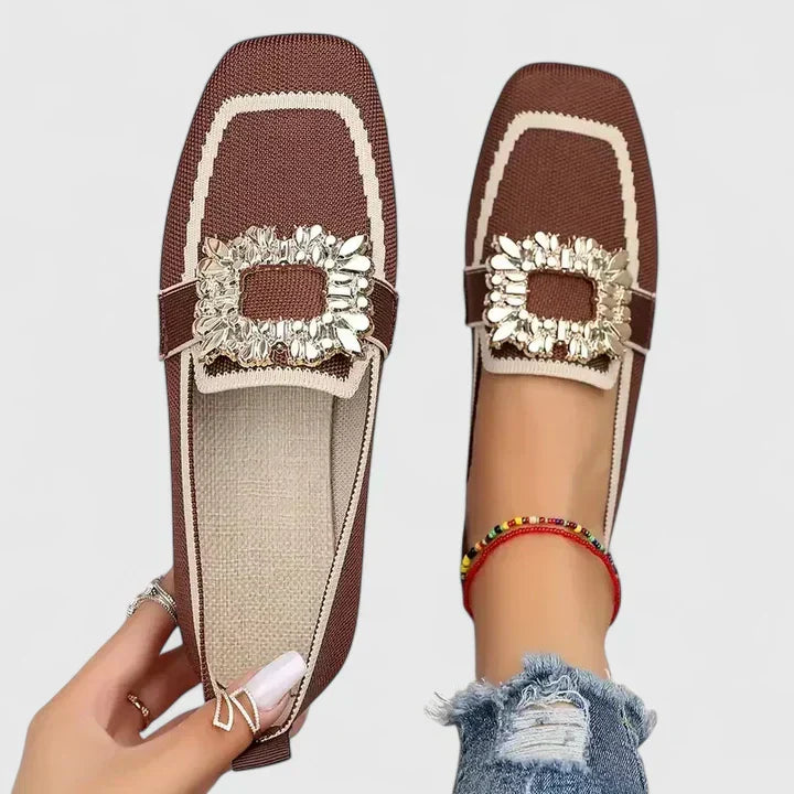Stylish Knit Loafer for Women with Jeweled Buckle Square Toe Flat Style