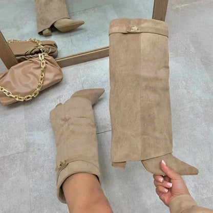 Elegant Tan Suede Knee High Boot for Women with Pointed Toe Fold Over Cuff Wedge Heel Style