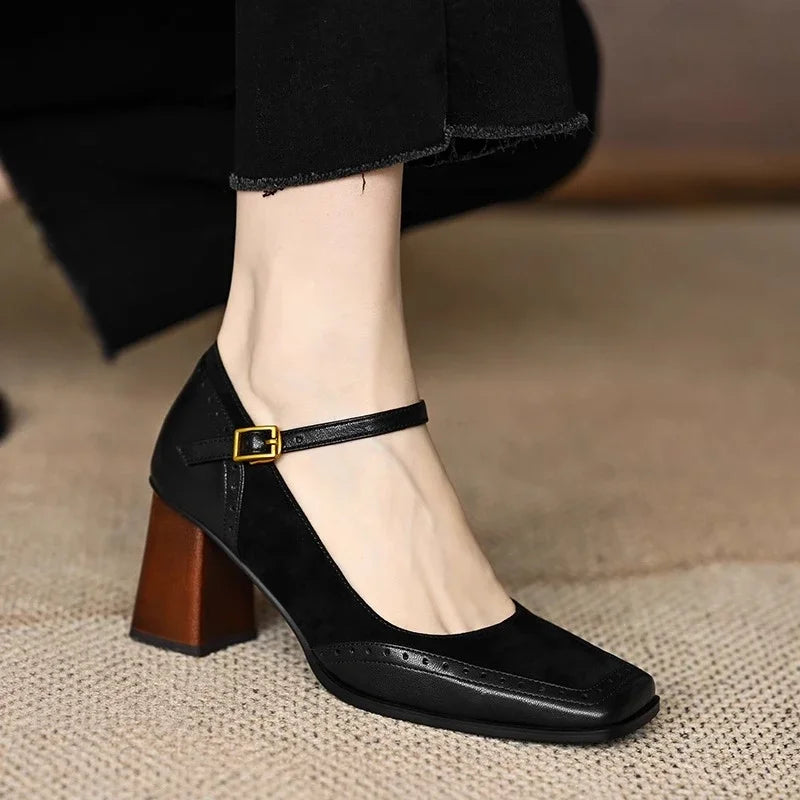 Elegant Suede Leather Mary Jane Pumps for Women with Square Toe Block Heel Ankle Strap Vintage Style